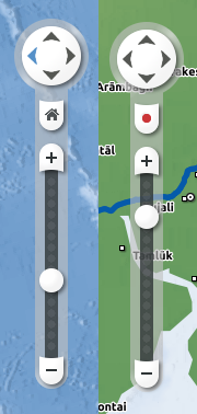 (Left) The default look of the Navigation Float Item. (Right) The current position button replaces the home button when required.